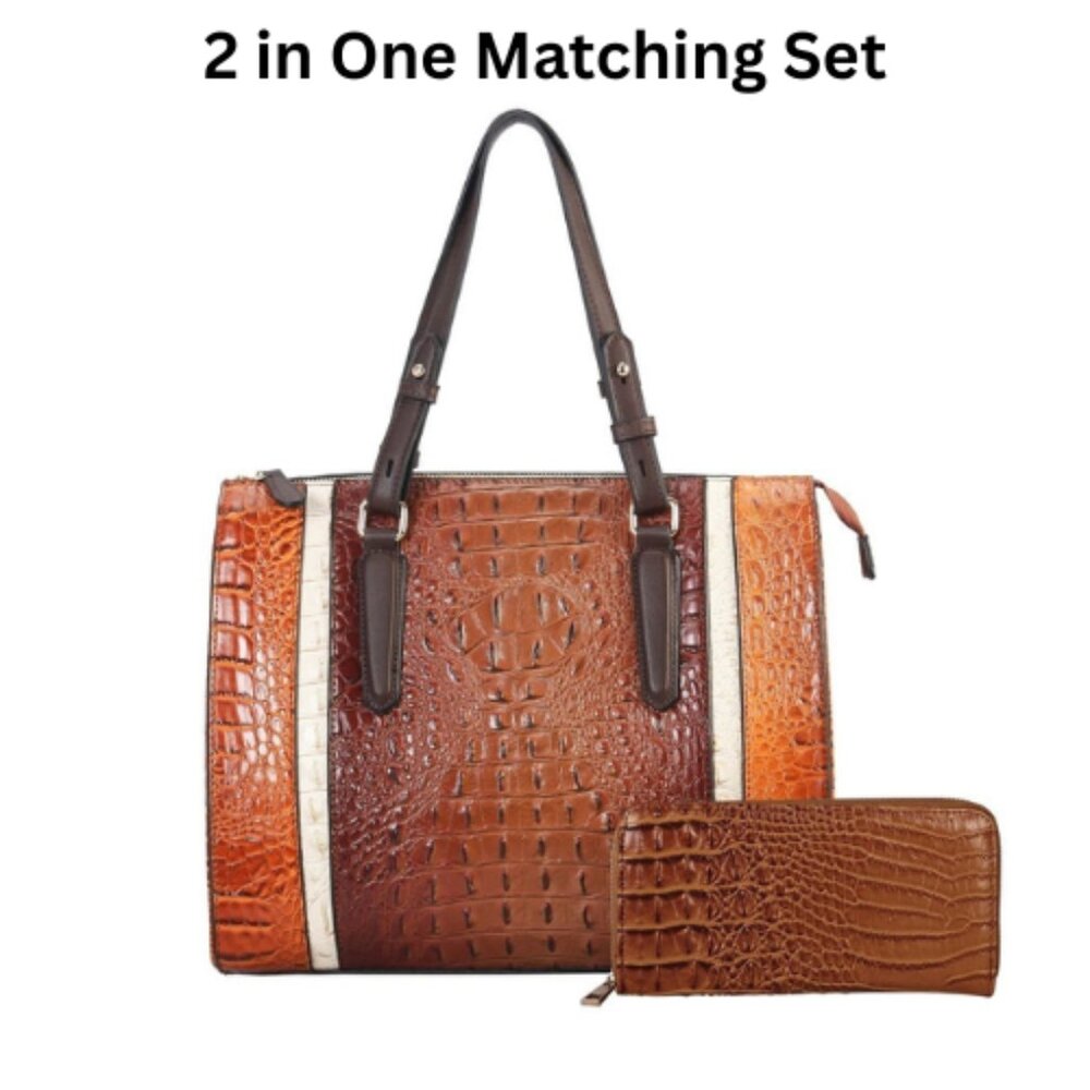 2-IN-1 Dark Brown Alligator Crocodile Large Satchel Set With Wallet